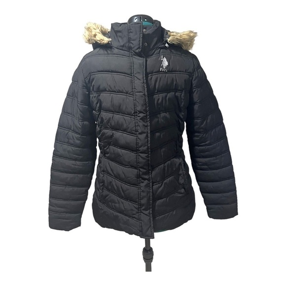 U.S. Polo Assn. Jacket Size M Black Puffer Faux Fur Hood Polyester Woman - Picture 1 of 5
